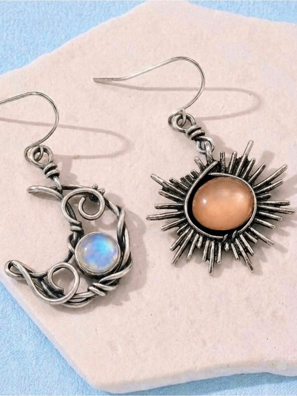 Bohemian Astrology Sun Moon Silver Wire Wrapped Celestial Stone Mismatch Dangles - Picture 4 of 8
